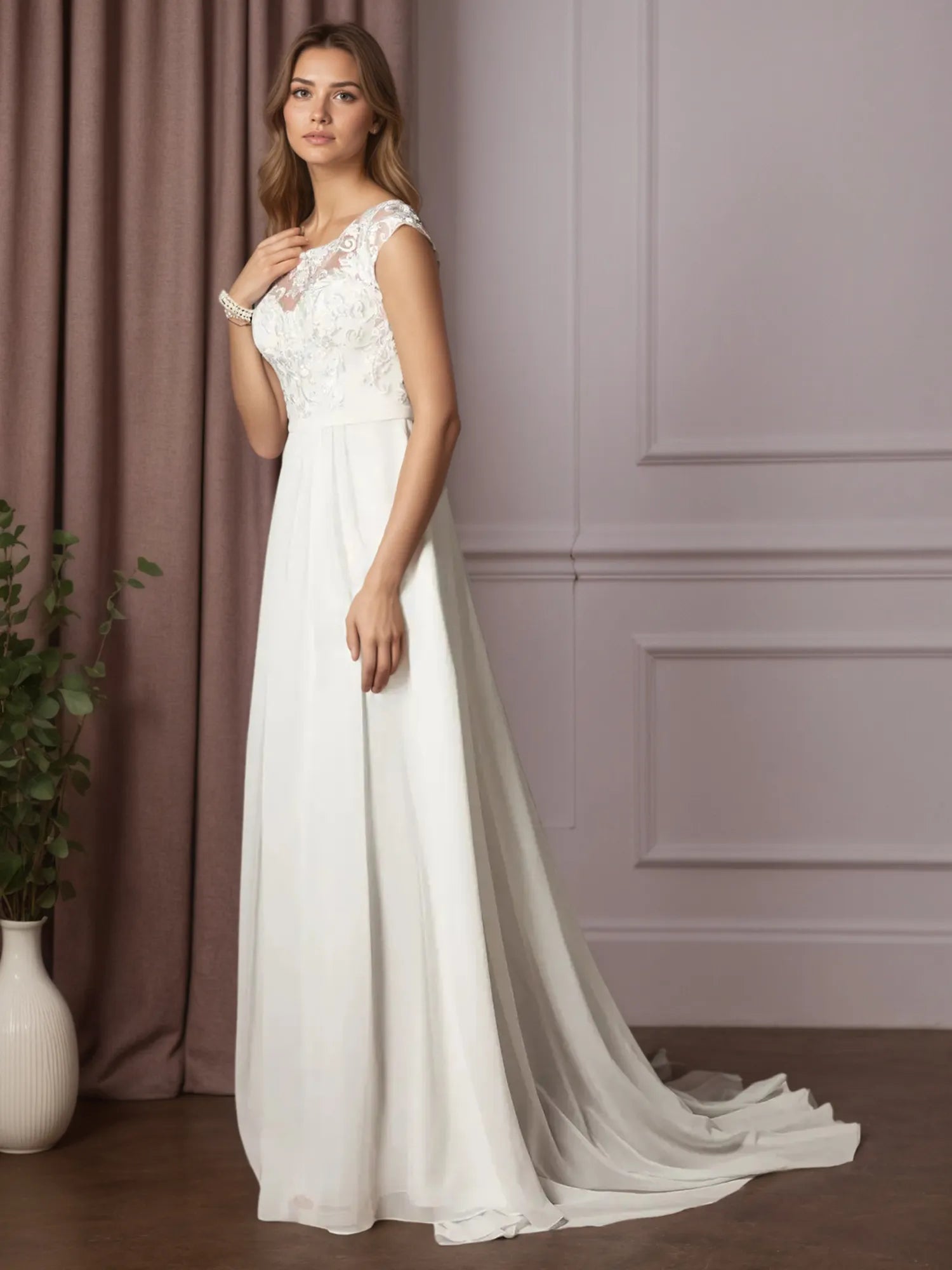 White A-Line Scoop Sequins Chiffon Wedding Dress