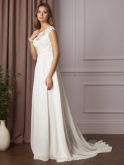 White A-Line Scoop Sequins Chiffon Wedding Dress