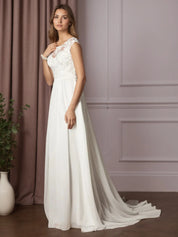 White A-Line Scoop Sequins Chiffon Wedding Dress