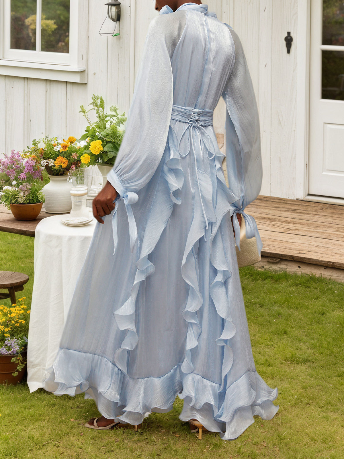 Blue Glossy Pleated Maxi Dress