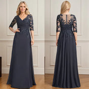 A-line V-Neck Floor-Length Lace Chiffon Mother of the Bride Dress With Pleated Sequins