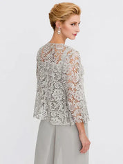 Ensemble 3 pièces en mousseline de soie avec col carré et veste pour mère de la mariée 