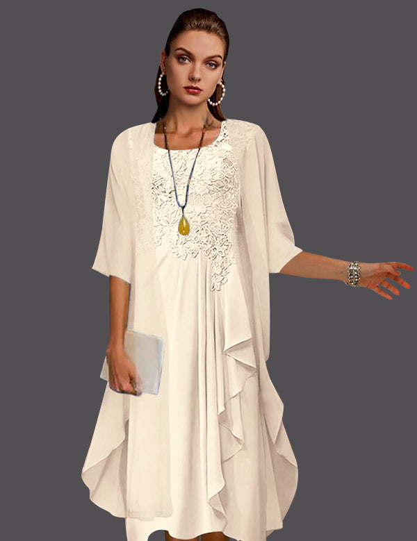 Two Piece A-Line Chiffon Lace Sleeveless Jacket Dresses with Pleats Appliques