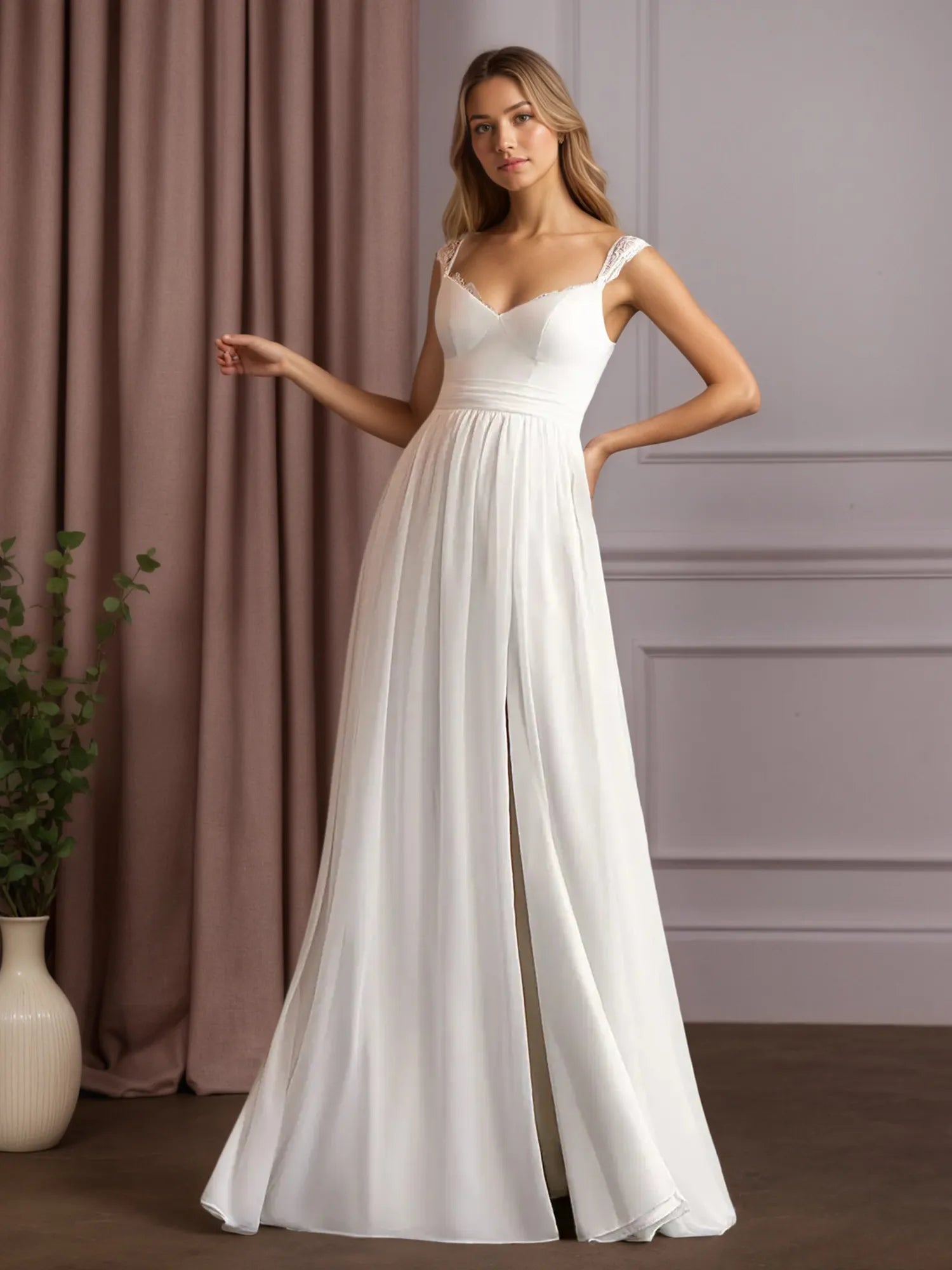 White A-Line V-Neck Sleeveless Lace Chiffon Wedding Dress