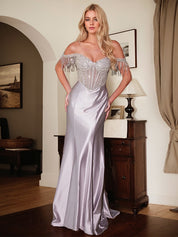 Champagne Mermaid Off the Shoulder Long Prom Dress With Beadings
