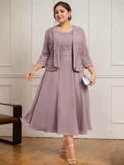 A-line Scoop Tea-Length Lace Chiffon Mother of the Bride Dress