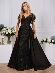 Sheath/Column Illusion V-Neck Floor-Length Sequin Chiffon Lace Evening Dress With Overskirt