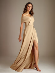A-Line Asymmetrical Neckline Floor-Length Satin Mother of the Bride Dress With Pleated