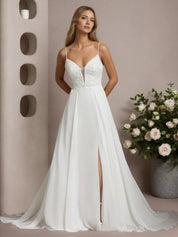 White A-Line Off The Shoulder Sleeveless Sequins Chiffon Wedding Dress