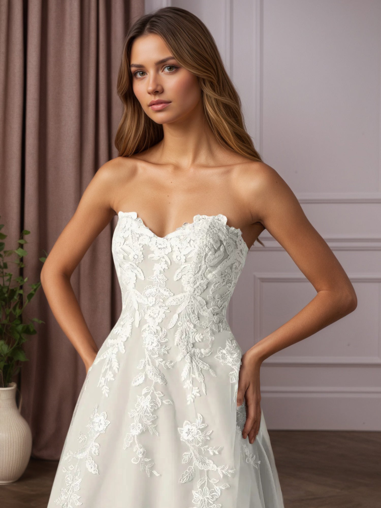 White Ball-Gown Strapless Lace Wedding Dress