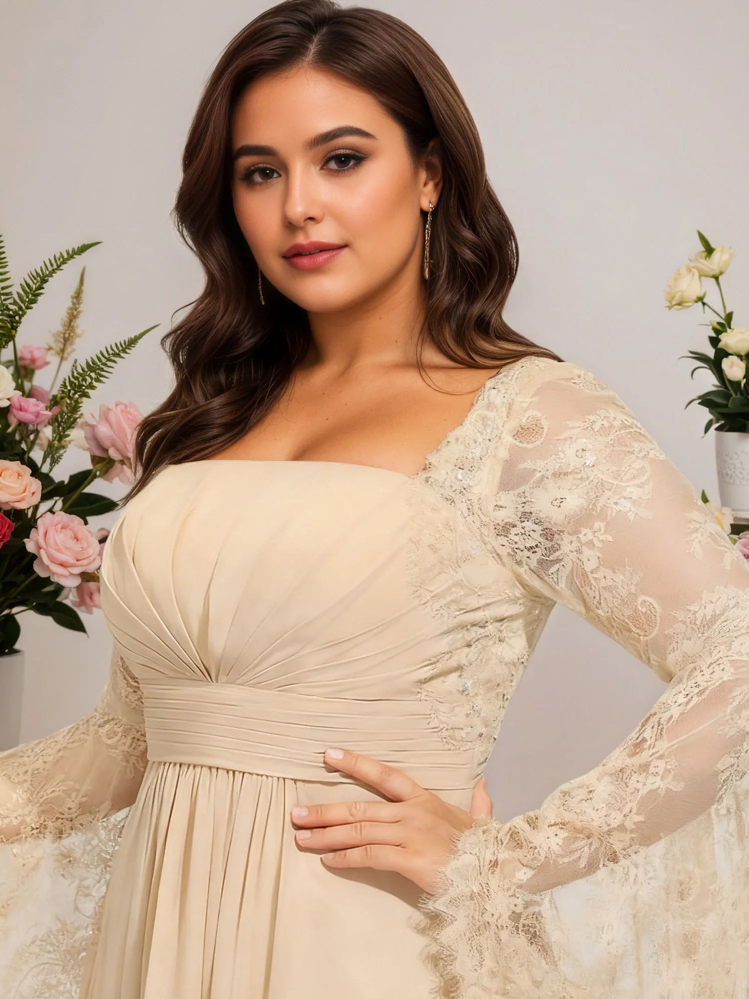 A-line Square Floor-Length Chiffon Lace Evening Dress With Beading Pleated