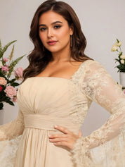 A-line Square Floor-Length Chiffon Lace Evening Dress With Beading Pleated