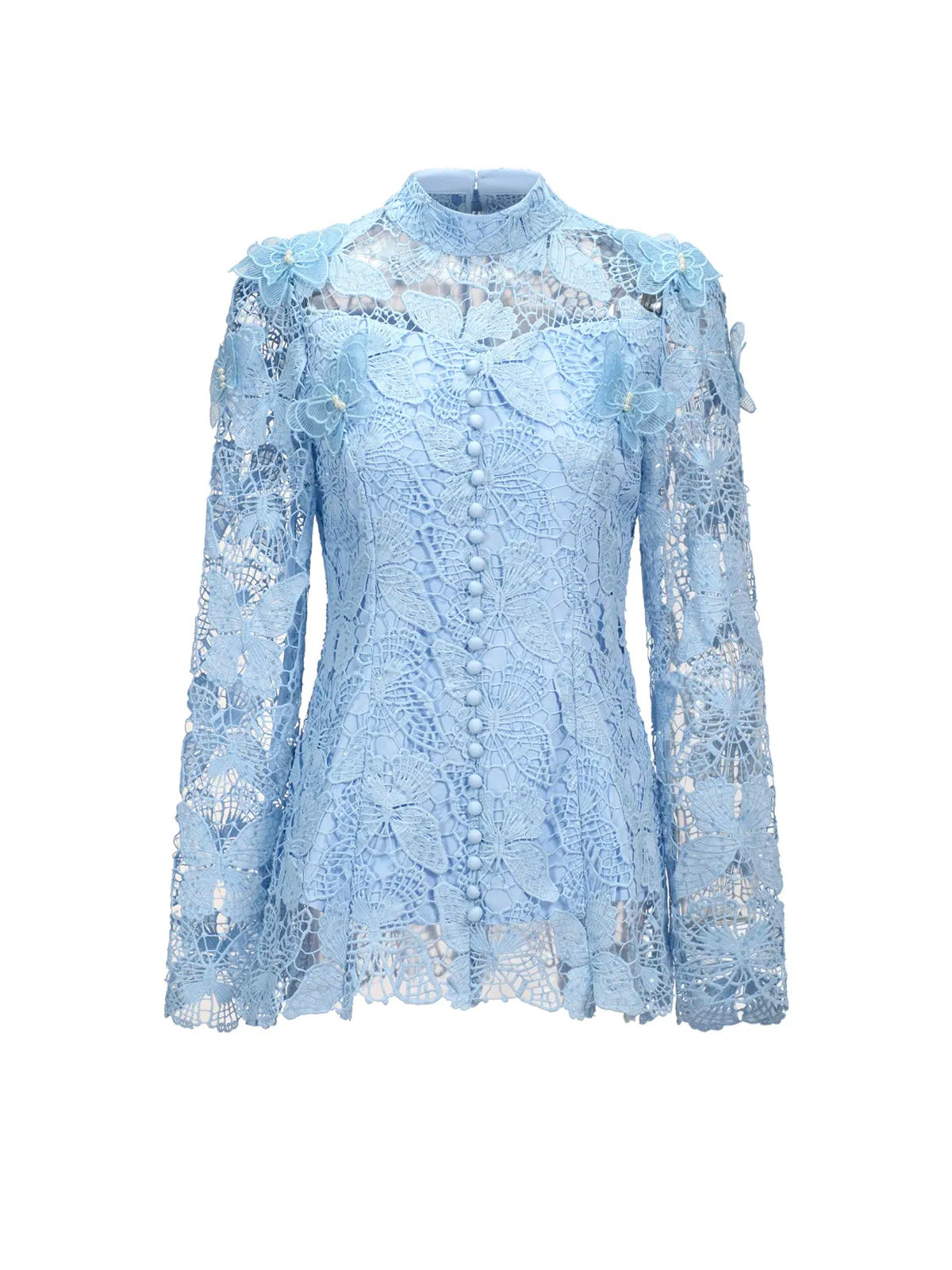 Blue Long Sleeve Folds Lace Butterfly Top And Skirt Two-Piece Set