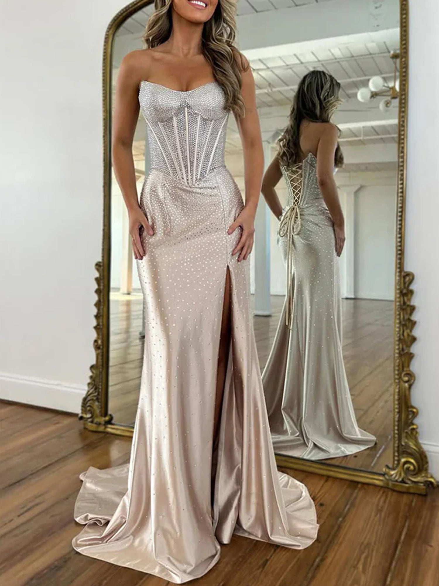 Mermaid Strapless Corset Beaded Long Prom Dress with Slit
