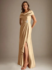 A-Line Scoop Floor-Length Stretch Satin Mother of the Bride Dress With Cascading Ruffles
