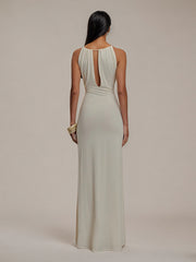 Ivory Chiffon Halter Neck Sleeveless Floor Length Pleated Bridesmaid Dress