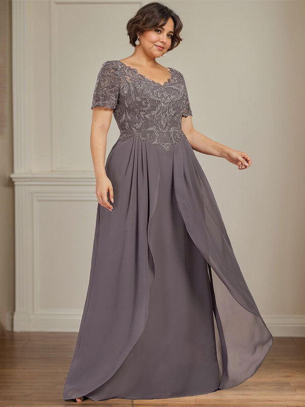 A-line V-Neck Floor-Length Chiffon Lace Mother of the Bride Dress