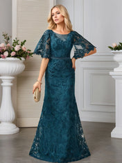 A-line Scoop Neck Floor-Length Lace Evening Dress With Appliques