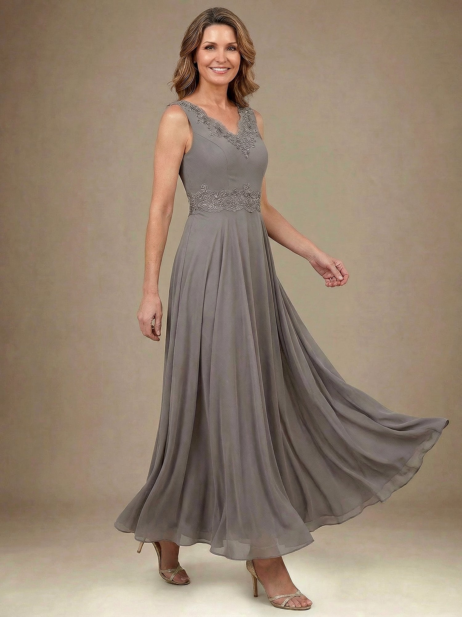 A-line V-Neck Ankle-Length Chiffon Mother of the Bride Dress With Sequins Appliques Lace Beading