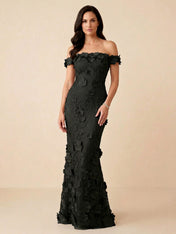 Black Off-the-Shoulder 3D Floral Mermaid Formal Gown Evening Dress