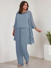 Chiffon Scoop Long Sleeves Mother Of The Bride Pantsuits With Jacket