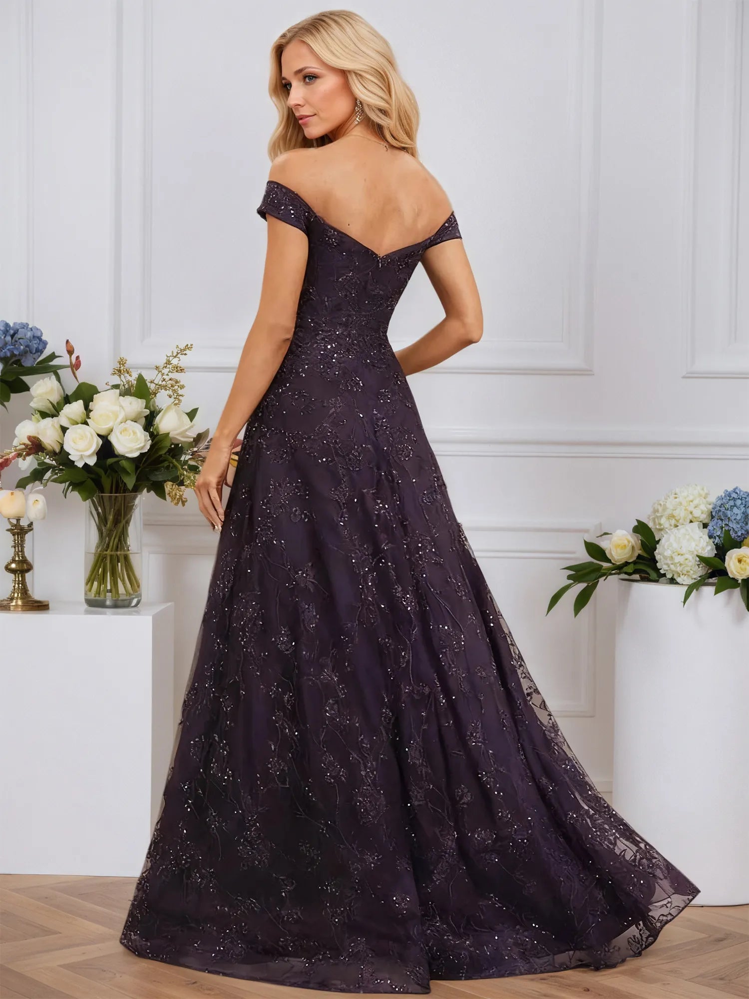A-line Off the Shoulder Floor-Length Sequin Lace Evening Dress