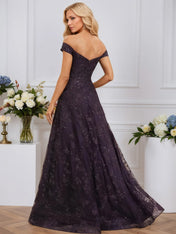 A-line Off the Shoulder Floor-Length Sequin Lace Evening Dress