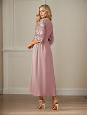 Crew Neck  A Line Ruffle Ruched Lace Maxi Dress Mother Of The Bride Dress