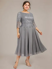 A-line Scoop Tea-Length Lace Chiffon Mother of the Bride Dress
