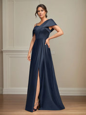 A Line Asymmetrical Floor-Length Satin Mother of the Bride Dress With Pleated
