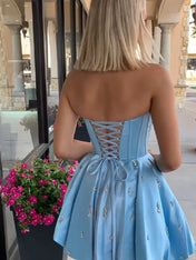 Sparkly Satin A Line Short Corset Homecoming Dress with Rhinestones