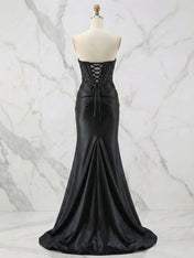 Glamorous Strapless Beaded Corset Satin Prom Dress with Slit