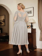 A-line Scoop Illusion Tea-Length Chiffon Lace Mother of the Bride Dress With Beading Sequins