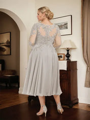 A-line Scoop Illusion Tea-Length Chiffon Lace Mother of the Bride Dress With Beading Sequins