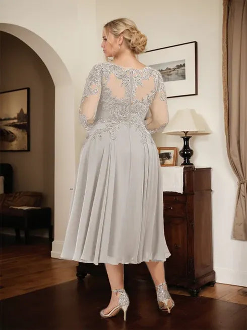 A-line Scoop Illusion Tea-Length Chiffon Lace Mother of the Bride Dress With Beading Sequins