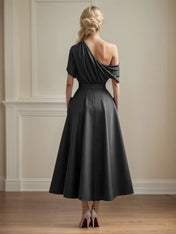 A Line Satin One Shoulder Pleated Ankle Length Mother of the Bride Dress