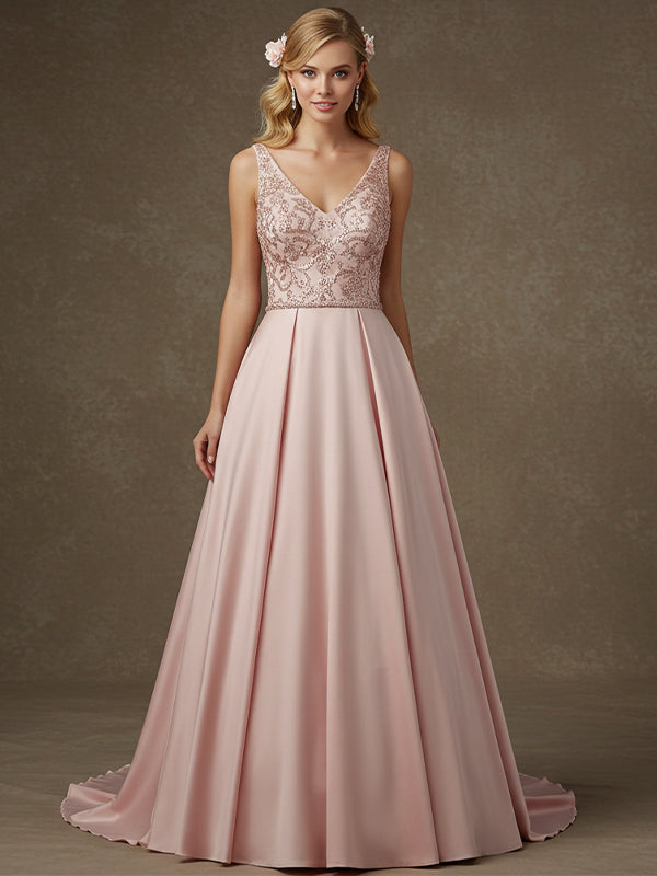 Pink A-line V-Neck Floor-Length Satin Lace Prom Dresses With Sequins