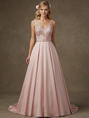 Pink A-line V-Neck Floor-Length Satin Lace Prom Dresses With Sequins