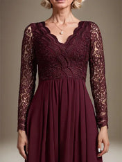 A-line V-Neck Asymmetrical Lace Chiffon Mother of the Bride Dress