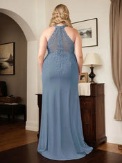 Dusty Blue Sheath Halter Long Mother of Bride Dress With Appliques