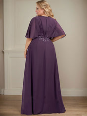 A-line V-Neck Floor-Length Chiffon Mother of the Bride Dress With Pleated Sequins Appliques Lace