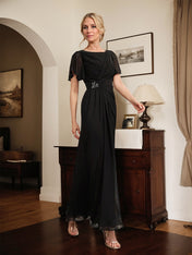 A-line Scoop Ankle-Length Chiffon Mother of the Bride Dress With Beading Pleated
