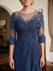 A-line Scoop Illusion Asymmetrical Lace Chiffon Mother of the Bride Dress With Sequins Cascading Ruffles
