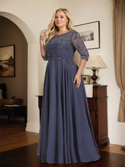A-line Scoop Illusion Floor-Length Chiffon Lace Mother of the Bride Dress With Pleated Sequins