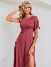 Cinnamon Rose Chiffon A Line One Shoulder Short Sleeves Floor Length Bridesmaid Dress