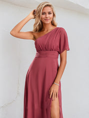 Cinnamon Rose Chiffon A Line One Shoulder Short Sleeves Floor Length Bridesmaid Dress