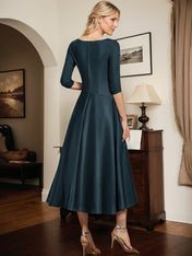 Dark Navy A-line V-Neck Tea-Length Matte Satin Mother of the Bride Dress With Pleated