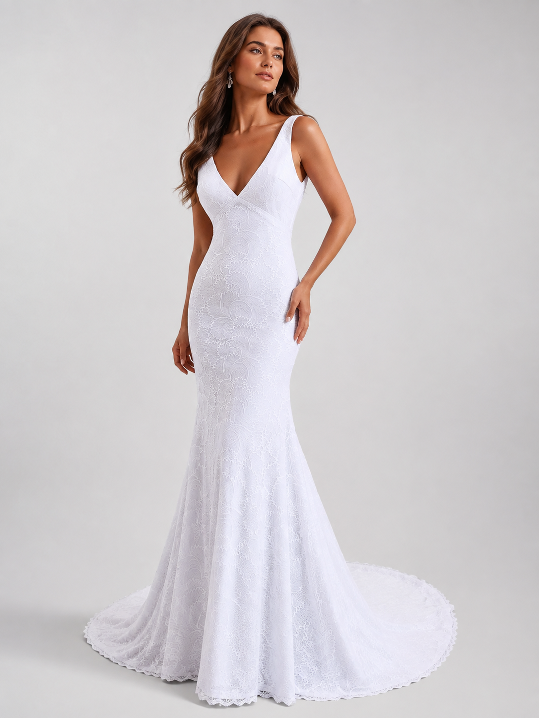 Elegant Deep V-Neck Lace Sheath Wedding Dress with Low Back and Sweep Train