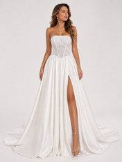Elegant Strapless Lace Corset Satin A-Line Wedding Dress with High Slit and Chapel Train