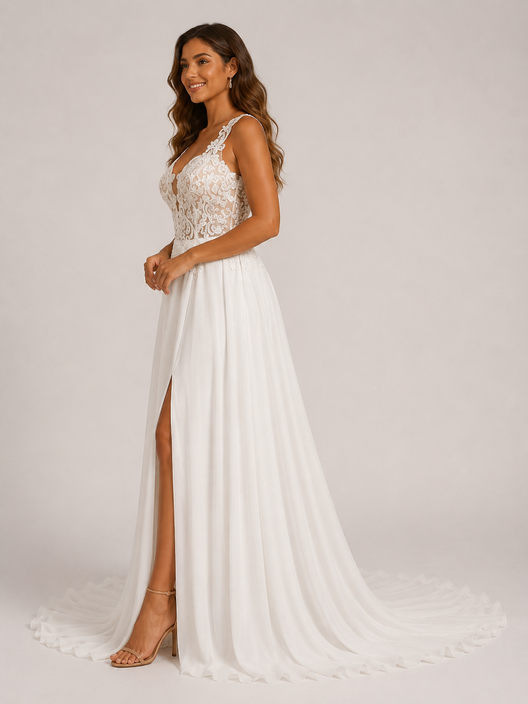 Elegant Illusion Lace Bodice Chiffon A-Line Wedding Dress with High Slit and Sweep Train